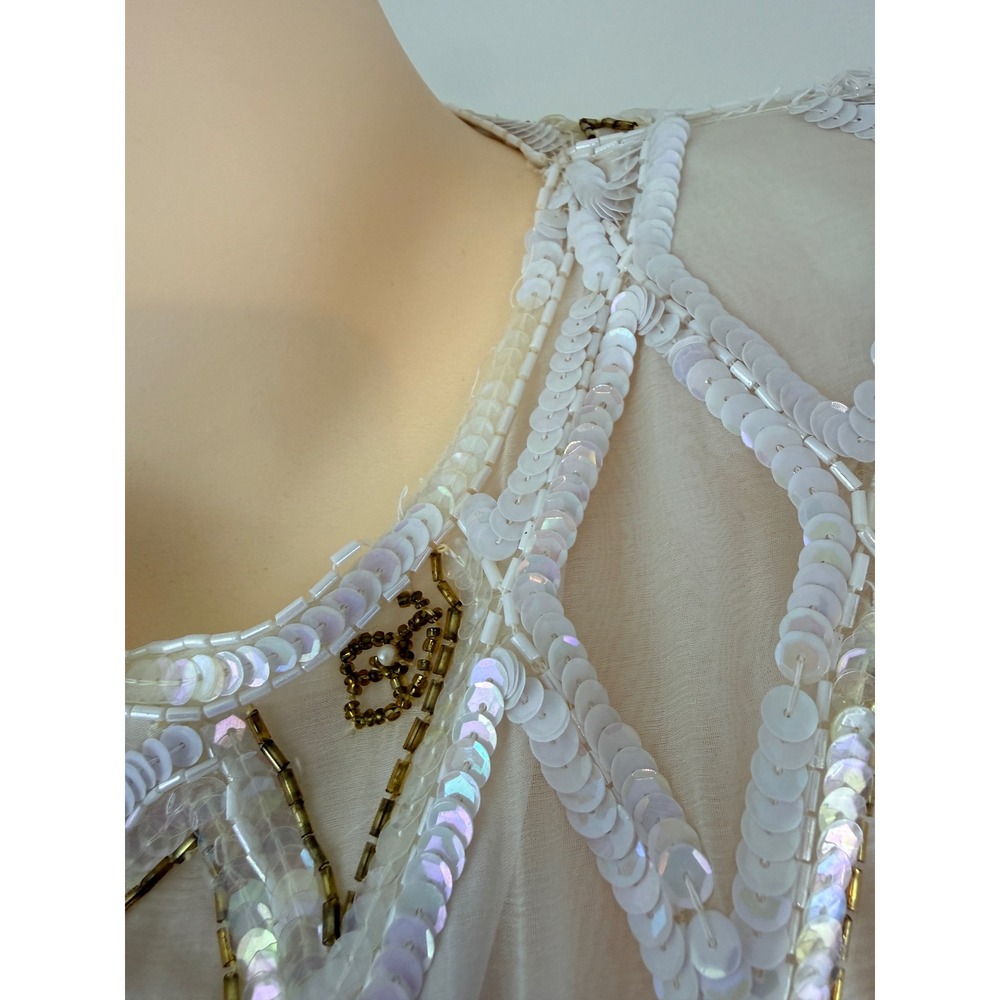Vintage Silk Beaded Sequin Top White Gold Mermaidcore Pearl Beaded - Picture 6 of 9